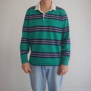 Lands' End Green Blue Stripe Rugby 100% Cotton Long Sleeve Preppy Polo Shirt L
